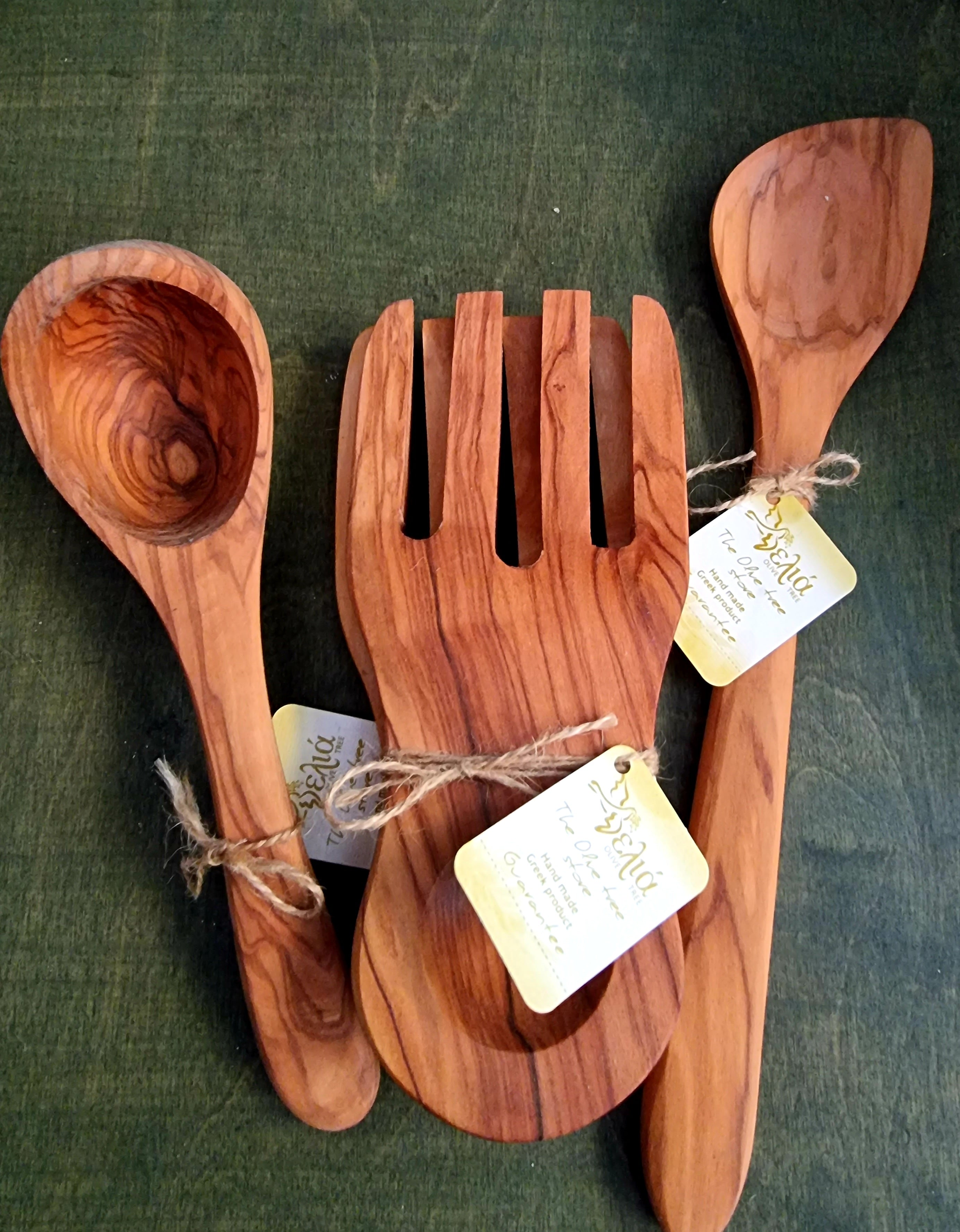 Olive Tree 4 Piece Handmade Wooden Kitchen Set, Wooden Spoon, Fork